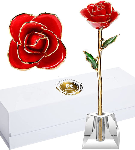 Valentines Day Gift, 24K Gold Dipped Real Rose Gift for Her and Great Valentines Gift for Her Rose(Red with Crystal Vase)