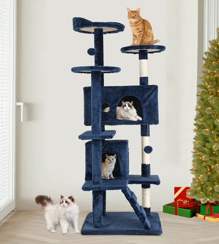 54-In Double Condo Cat Tree Tower Playhouse with Scratching Post & Perch for Indoor, Navy Blue