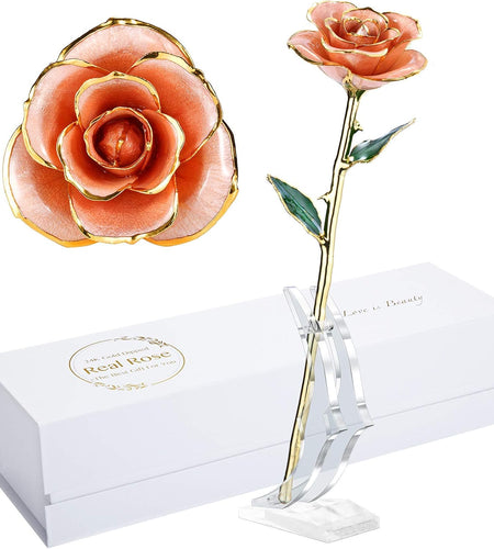 24K Gold Rose, Gold Dipped Rose Made from Real Rose Best Gifts for Her and Great Gifts for Wife, Pink with Stand