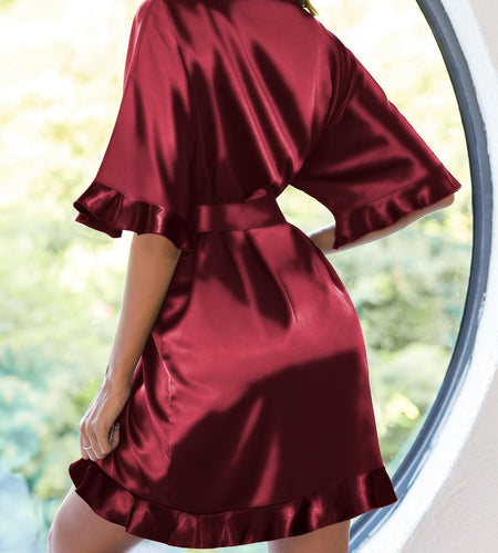 Womens Silk Ruffle Robe Short Satin Kimono Robe Half Sleeve Bathrobe Bridesmaid Wedding Party Dressing Gown
